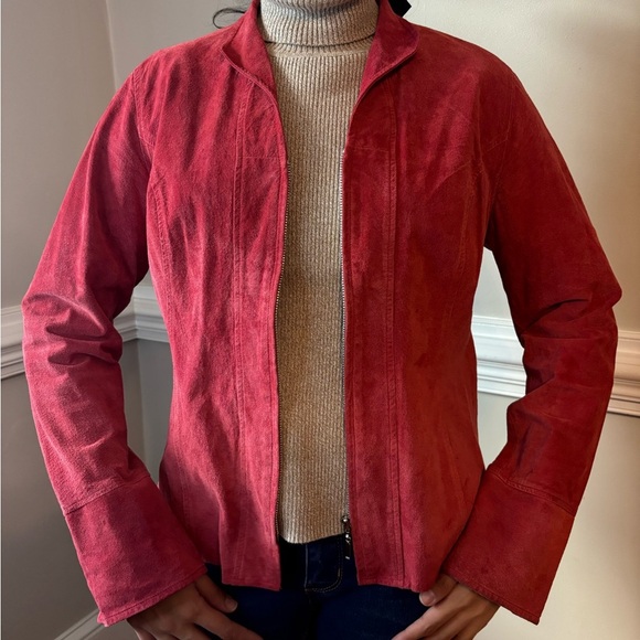 ISO Vintage Womans Suede Leather Light Red Zip Up Shacket Jacket - Fits Small - Picture 1 of 9